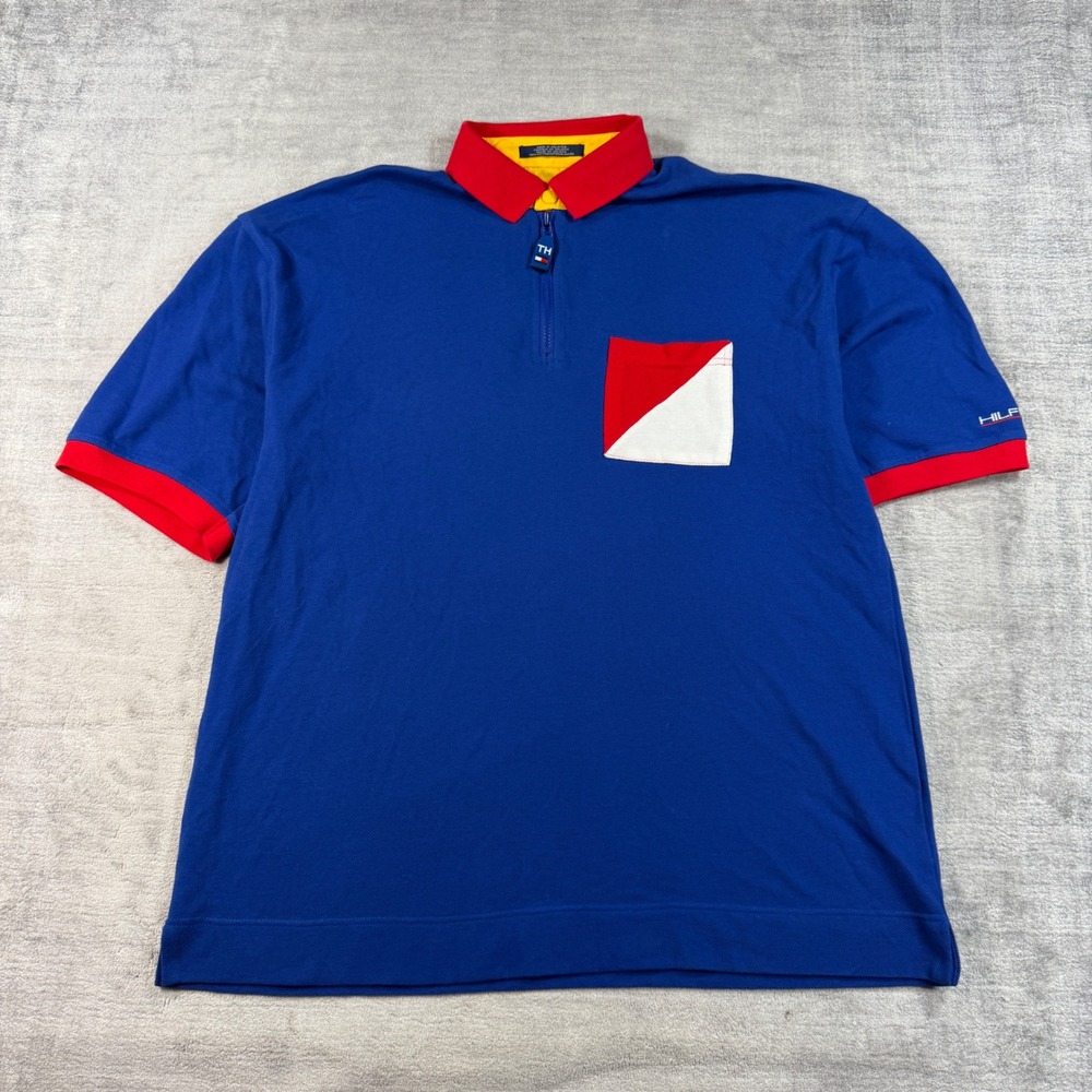 Tommy Hilfiger Shirt Mens 2XL Blue Polo Zip Color Block Vintage 90s Nautical